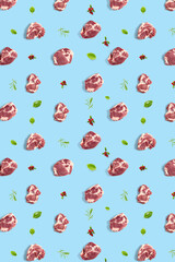 background with raw pork meat slices on blue background, raw food background, not pattern, poster modern creative, flatlay