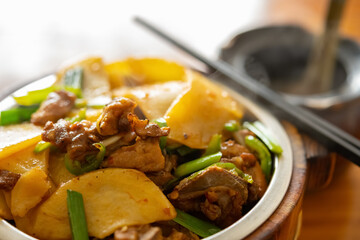 angle view fast food of fried chicken with potato with bowl of soup horizontal composition
