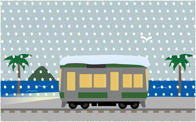 雪の中 海沿いを走る電車のベクターイラスト Wall Mural Icim