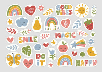 Stickers flat vector illustration. Trendy hand drawn rainbow, inspirational quotes, plant, sun, fruit. Set of symbols of weekly or daily planner, to do list, diaries, organizer.