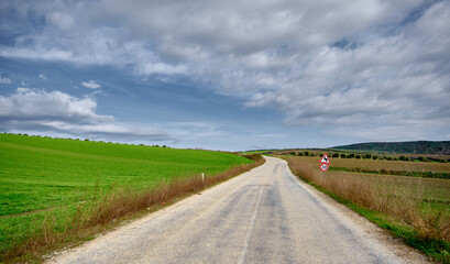 Fototapeta na wymiar Gravel road and magnificent green grass near the road with cloudy and open sky background. Road sign in next to road.