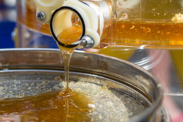 Honey Flows From Honey Extractor Through Sieve