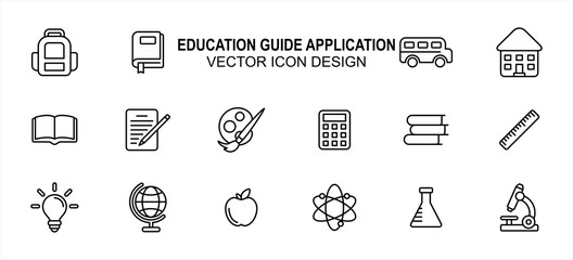 Simple Set of school education Vector icon user interface graphic design. Contains such Icons as backpack, book mark, school bus, writing, painting, light bulb, globe, atom, chemistry, microscope