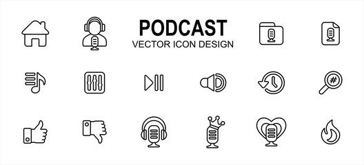 Simple Set of podcast streaming application Vector icon user interface graphic design. Contains such Icons as home, speaker, host, folder, category, new, play list, equalizer, play pause, favorite