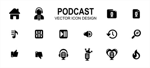 Simple Set of podcast streaming application Vector icon user interface graphic design. Contains such Icons as home, speaker, host, folder, category, new, play list, equalizer, play pause, favorite