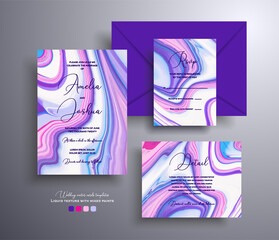 Set of acrylic wedding invitations with stone texture. Agate vector cards with marble effect and swirling paints, blue, pink and white colors. Designed for posters, packaging and etc