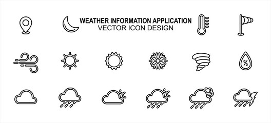 Simple Set of weather prediction information Vector icon user interface graphic design. Contains such Icons as place, moon, temperature, wind speed, windy, sunny, snowy, storm, cloudy, rainy, humidity