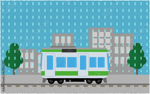 雨の中 都市を走る電車のベクターイラスト Car Canvas Print C Icim