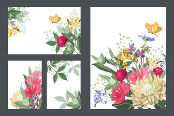 Art floral greeting and business cards. Vector cards with red, yellow, blue flowers and buds, yellow butterflies, green stems and leaves. Vector flowers isolated on a white background.