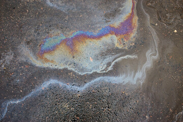 Oil stain on Asphalt, color Gasoline fuel spots on Asphalt Road as Texture or Background.