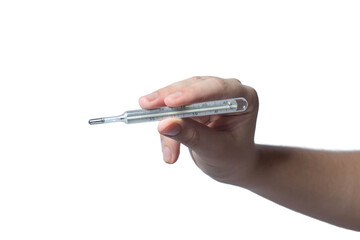 mercury thermometer in a man's hands on a white background. the medicine. a virus.