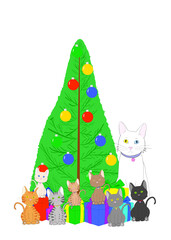 Illustration hand drawn drawing of an adult cat with many kittens sitting around a Christmas Tree with colorful presents, looking at viewer.