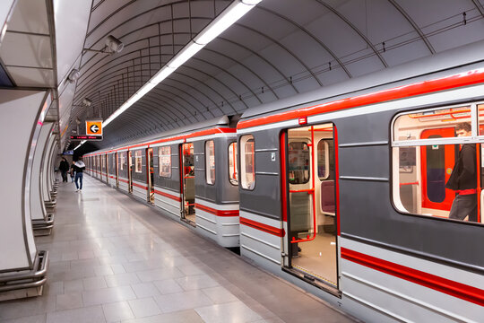 Prague, Czech - October 13, 2019: Interior of the Hloubetin metro station in Prague. Czech Republic