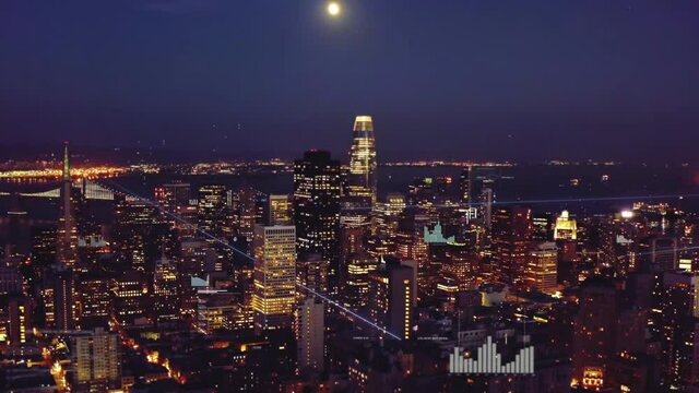 Wireless network connecting on Night City Skyline - 3D Aerial graphics Animation