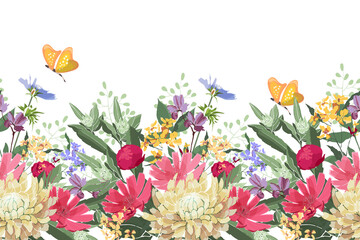 Vector floral seamless border. Summer flowers, green leaves. Chicory, mallow, gaillardia, marigold, oxeye daisy, peony. Red, yellow, blue flowers and buds, yellow butterflies on a white background.