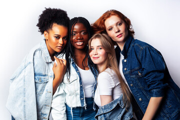 diverse multi nation girls group, teenage friends company cheerful having fun, happy smiling, cute posing isolated on white background, lifestyle people concept, african-american, asian and caucasian