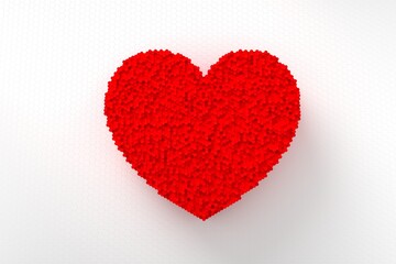 pixelated red heart shape made of honeycombs, white background, 3d illustration