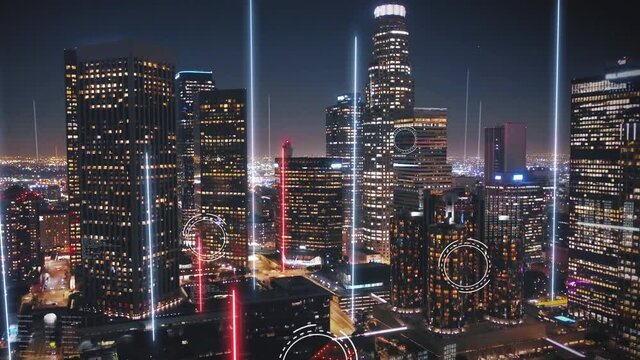 Aerial reveal of a big data network on Night City downtown - 3D render Animation