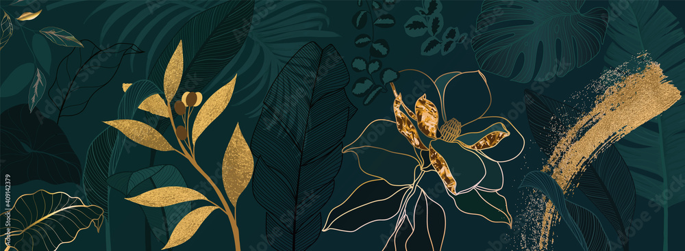 Wall mural luxury green summer background and wallpaper vector with golden metallic decorate wall art