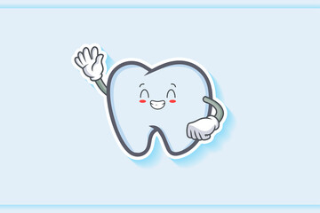 CONTENT, HAPPY , GRIN SMILE, cheerful Face Emotion. Waving Hand Gesture. Tooth Cartoon Drawing Mascot Illustration.