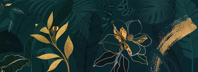 Luxuriöser grüner Sommerhintergrund und Tapetenvektor mit goldenem Metallic verzieren Wandkunst © babeer