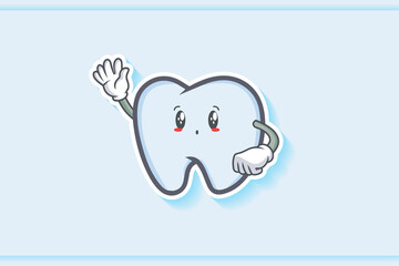 UH , OH, GASP Face Emotion. Waving Hand Gesture. Tooth Cartoon Drawing Mascot Illustration.