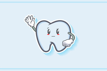 REALLY, ATTENTIVE, CURIOS Face Emotion. Waving Hand Gesture. Tooth Cartoon Drawing Mascot Illustration.