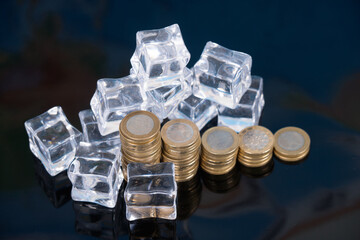 Euro coins surrounded by ice