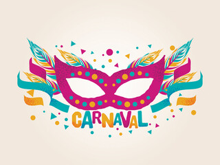 Popular Event in Brazil. Festive Mood. Carnaval Title With Colorful Party Elements. Travel destination. Brazilian Rythm, Dance and Music.