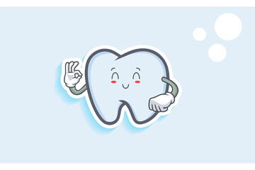 SMILING, HAPPY, RELIEVED, SMILE Face Emotion. Nice Hand Gesture. Tooth Cartoon Drawing Mascot Illustration.