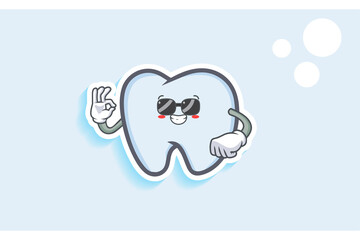 RELAXED, GLASSES, COOL Face Emotion. Nice Hand Gesture. Tooth Cartoon Drawing Mascot Illustration.