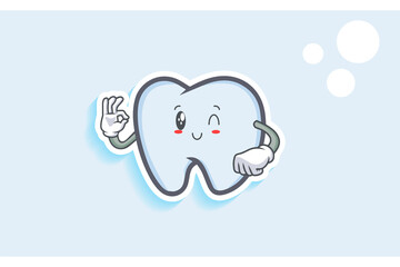 WINK, SMILING, CHEERFUL, SMILE Face Emotion. Nice Hand Gesture. Tooth Cartoon Drawing Mascot Illustration.