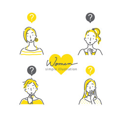 シンプルでおしゃれな線画の女性4人のイラスト素材セット　考える　2色　黄色＆グレー