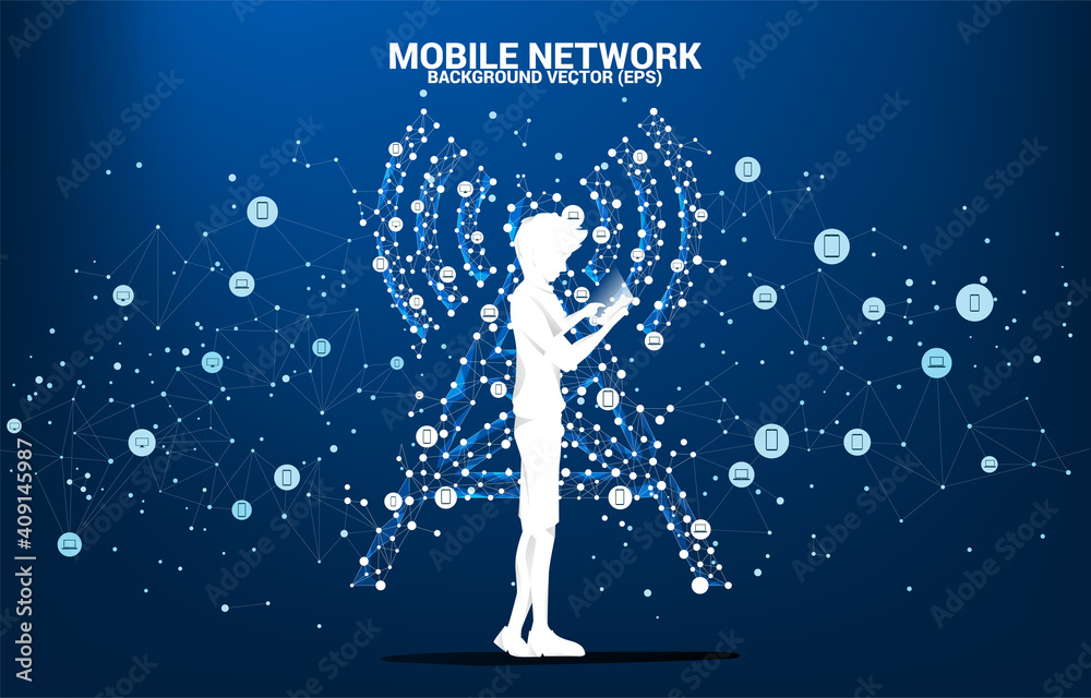 Poster Silhouette of man use mobile phone Antenna Tower icon polygon style from dot and line connection. Concept of telecommunication mobile and data technology