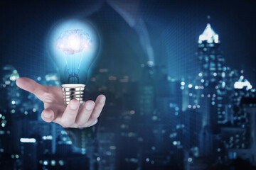 Light bulb with brain inside the hand of the businessman as business idea concept.