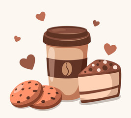 Cute vector illustration of coffee and desserts. Sweet breakfast flat style
