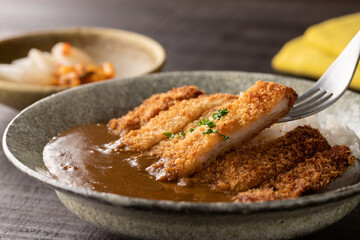 フォークですくった、カツカレーのアップ