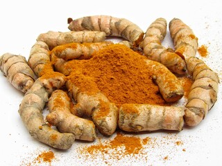 Turmeric root with powder isolated white background