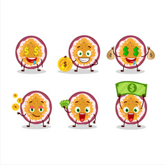 Slice of passion fruit cartoon character with cute emoticon bring money