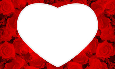 White heart shape on red roses flower background, nature, template, copy space
