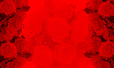 beautiful blur red  roses two inside on red background,name card, template, copy space