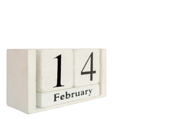 Wooden block calendar is showing date 14 February or Valentines day isolate on white background with clipping path.	
