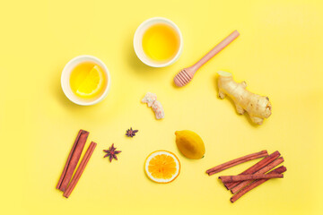 Ginger ale flat lay minimal on yellow background with Lime and Mint - Healthcare herb and spice - Top view and copy Space