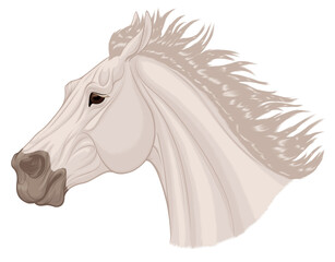 Portrait of a running bronco with a long thick mane. Galloping gray stallion pulled its ears back. Vector element for rodeo and horse owners isolated on a white background.