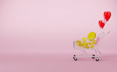 shopping cart with gold coin in pink pastel composition ,valentine's day concept ,3d illustration or 3d render  ,copy space