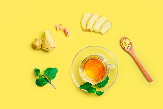 Ginger Ale Flat Lay Minimal On Yellow Background With Lime And Mint - Top View And Copy Space