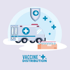 vaccine distribution logistics theme with ambulance and vials in box carton