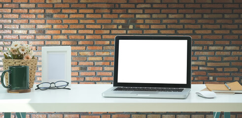 Workspace desk and laptop. copy space and blank screen. Business image, Blank screen laptop and supplies.