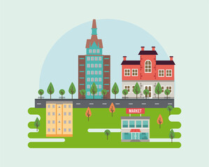 Naklejka premium city life megalopolis cityscape scene with market and buildings