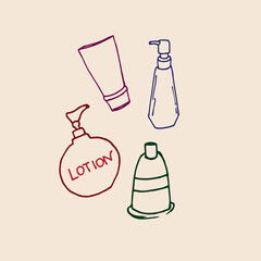 set of bottle collection isolated on pink background. beauty product for woman. skin health care. hand drawn vector. doodle for wallpaper, cover, banner, poster, advertisement, clipart. 
